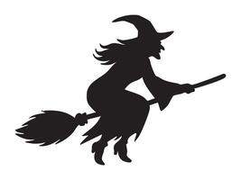 Black silhouette of a witch flying on a broom isolated on white background, graphic illustration. concept of halloween, spooky character, magic, fantasy, icon, design element vector