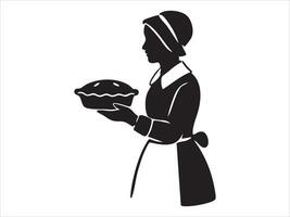 Black silhouette of woman holding pie, isolated on white background, graphic illustration. concept of baking, homemaking, traditional attire, icon, logo, design element vector