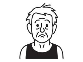Black outline illustration of elderly man with worried and sad expression in sleeveless shirt, isolated on white background. concept of senior, emotion, aging, character design, portrait vector