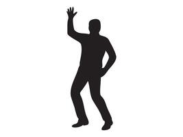 Black silhouette of man waving hand in a dancing pose, isolated on white background, graphic illustration. concept of greeting, human gesture, communication, design element vector