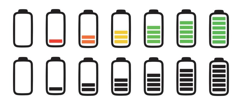conjunto de batería íconos en color y negro silueta estilo demostración diferente cargar niveles desde vacío a lleno. concepto de batería cargar nivel indicador, energía estado, poder capacidad monitor vector