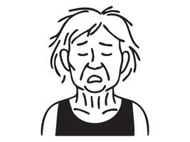 Black and white outline of sad tired old woman with closed eyes isolated on white background. Concept of senior female character, emotional exhaustion, elderly person in distress, design element vector