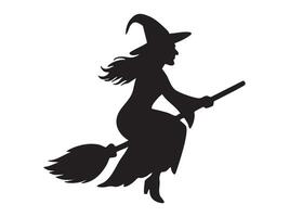 Black silhouette of flying witch on broomstick in halloween theme, isolated on white background, graphic illustration. concept of magic, spooky character, holiday, design element. vector
