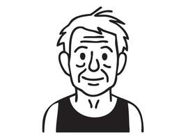 Black and white outline of smiling old man face isolated on white background, graphic illustration. Concept of senior male character, elderly person portrait, positive emotion, design element vector