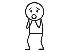 Black stick figure man with scared facial expression, cartoon style line drawing illustration. Concept of fear, anxiety, emotional reaction, human character, outline icon, isolated on white background vector