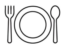 Black outline of plate with fork and spoon on white background, graphic illustration. concept of cooking, dining, kitchenware, icon, logo, design element vector