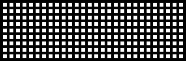 Pattern of uniform white squares on black background, graphic illustration. concept of grid, modern design, geometric pattern, minimalist art, backdrop, textile print. Wide banner vector