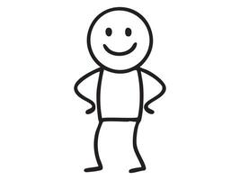 Black Stick figure man smiling with hands on hips, isolated on white background, graphic illustration. Concept of human person, positive emotion, cartoon character, simple doodle, design element vector