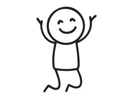 Black stick figure man smiling with raised hands on knees, cartoon character illustration, isolated on white background. Concept of joy, praise, gratitude, worship, human emotion, design element vector