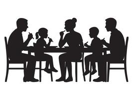 Black silhouette of family dining together at table, isolated on white background, graphic illustration. concept of family meal, togetherness, parents with children, design element vector