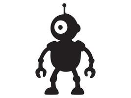 Black silhouette of robot toy in standing pose, isolated on white background, graphic illustration. concept of technology, futuristic design, kids toy, icon, logo, design element vector