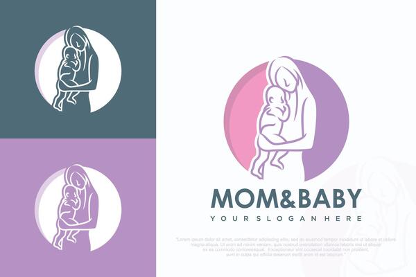 Mom and baby logo design icon with unique element concept illustration .