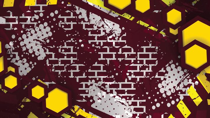 a yellow and maroon background with a brick wall