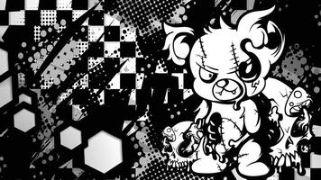 a black and white cartoon character on a checkered background vector