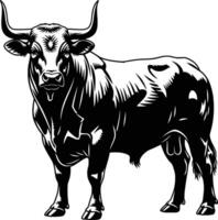 silhouette image of a fat bull with horns, white background, full body vector