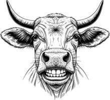 image of a thin-haired bull face facing forward smiling line art style white background vector