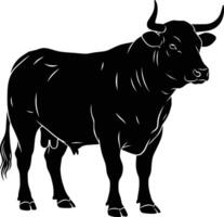 black silhouette image of a bull with a white background full body vector