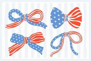 Retro coquette america bow set in doodle hand drawn style with red white blue ribbons for independence day clipart, stickers and design projects vector