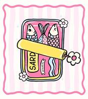 Cute girly pastel sardines in opened tin can Coquette fisherman style whimsical hand drawn doodle set for t shirt sublimation, stickers and wall art vector