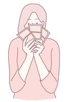 An Excited Woman Enthusiastically Holding Lottery Tickets While Brimming with Happiness and Joy, vector