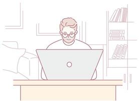 An individual who is deeply focused and engaged while working on a laptop in their home office vector
