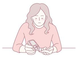 A woman diligently monitoring her blood sugar levels using a glucometer device for health vector