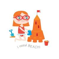 Joyful Kid Creating Sandcastle Seaside Vacation Art Tee Graphic Illustration vector