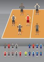 Volleyball Team Formation with grey uniform and the captain wear red on the Court vector