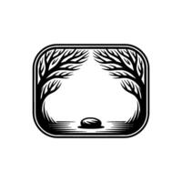 Monochrome Nature Scene with Trees and Rock in a Decorative Frame vector