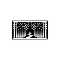 Monochrome Forest Scene Tree Silhouette and River Path vector