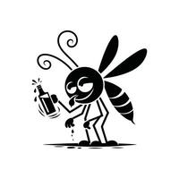 Drunk insect character illustration. Funny party animal mosquito or wasp with an alcohol bottle. Humorous black and white graphic for a celebration or event vector
