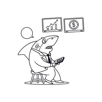 A business shark in a suit representing an aggressive investor or stock market trader a funny cartoon of a financial predator with charts vector