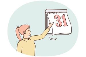 Woman tears off sheet of calendar with number 31 at end of month and beginning of new period vector