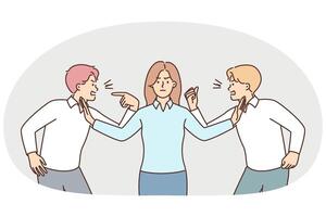 Two men colleagues quarrel over disagreements while female manager eliminates conflict vector