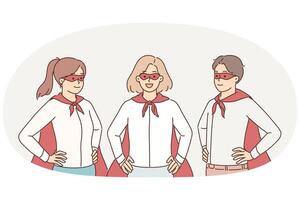 Successful managers dressed as superheroes do teamwork saving businesses from bankruptcy vector
