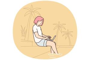 Woman freelancer working with laptop sitting on beach under palm tree or near pool in resort hotel vector