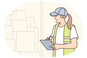 Warehouse manager woman doing inventory counting boxes in warehouse or truck and holding clipboard vector