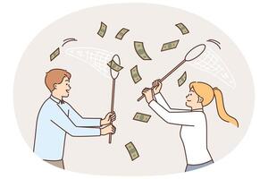 Business people catching money falling from sky using net for easy earning or casual income concept vector