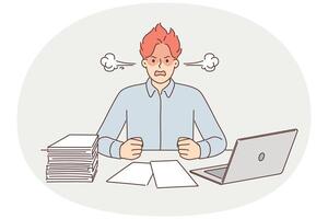 Angry man suffering from overwork and paperwork sitting at office desk with laptop vector