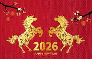2026 Year of the Horse Horizontal Greeting Card with Horse, Plum Blossoms, and Lantern Motifs Horizontal vector
