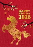Red greeting card for the Year of the Horse 2026 with golden paper cut style horse pattern, plum blossoms and lanterns vector
