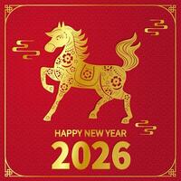 2026 Square Horse Year Greeting Card 1 to 1 Ratio Features gold horse art on red background, ideal for New Year wishes vector