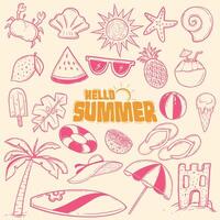 Summer Elements Doodle Set. Beach, Fruit, Ice Cream, Flat Design vector