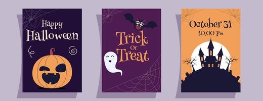 Halloween party invitation set with bats, pumpkins, castle and a spiderweb. Perfect for spooky Halloween party invitations or fallthemed events. vector