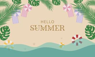 Hello Summer Banner with Beach Top View - Colorful Design Featuring Umbrella, Ball, Float, and Sand Background vector