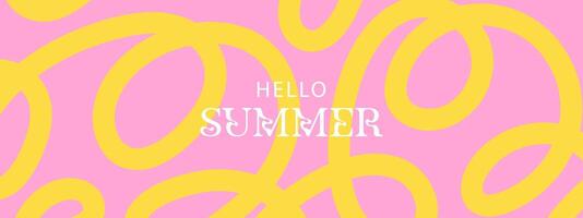 Summer horizontal abstract background with bright yellow and pink hand drawn lines. Modern art minimalist style design template for sales, horizontal poster, header, cover, social media, fashion ads vector