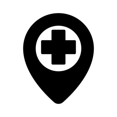 Map pointer with medical cross icon, illustration. Flat design style