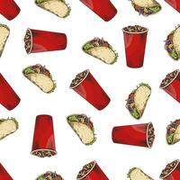 Hand drawn vintage seamless pattern of tacos and fizzy drinks in red paper cups, food background vector