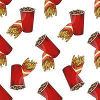 Hand drawn vintage seamless pattern of fizzy drink in red cup and fries vector