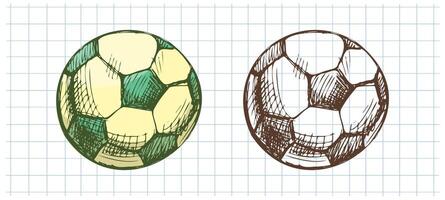 Hand drawn vintage sketch of classic soccer ball set in color and monochrome on grid notebook background vector
